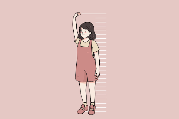 Children growing, height of body concept. Smiling little girl child cartoon character standing near wall measuring height with hands and stripes in pink wall vector illustration